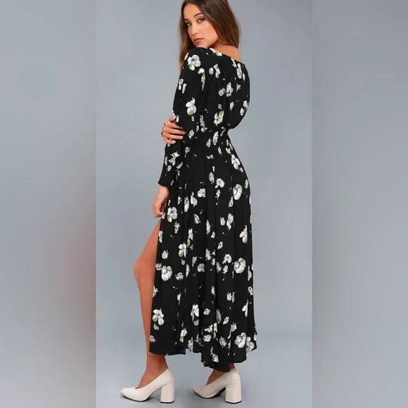 Free People So Sweetly Floral Black Midi Dress with Slit - Picture 2 of 8